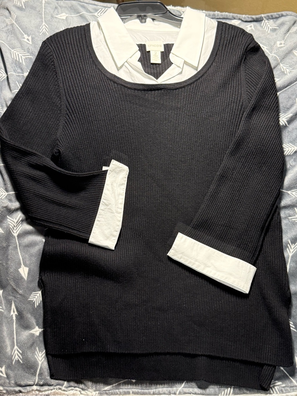 NWOT Chico's Ribbed Layered Look Black Sweater with White Shirt Trim Sz 2 Plus